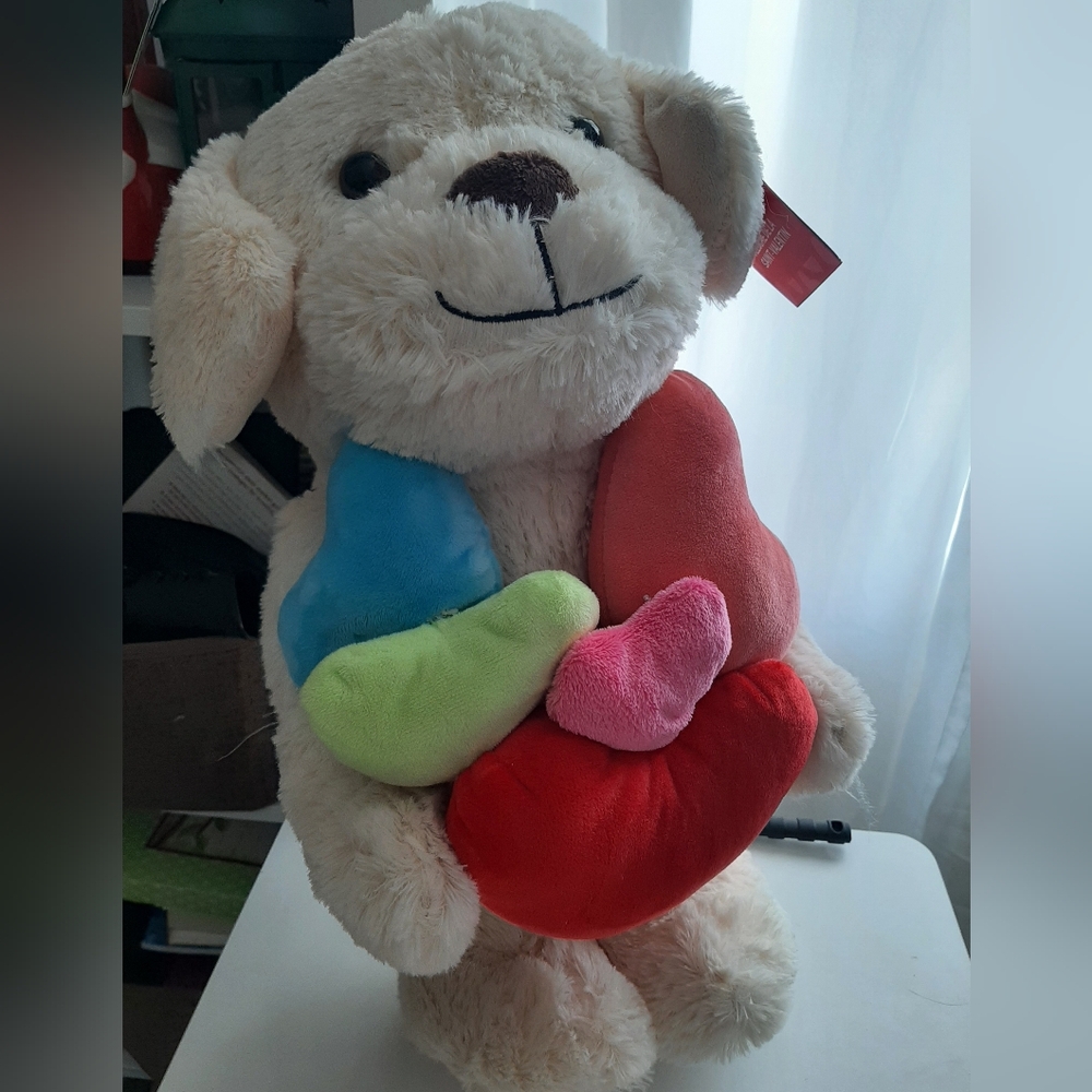 Valentines Plush Dog with Colorful Hearts